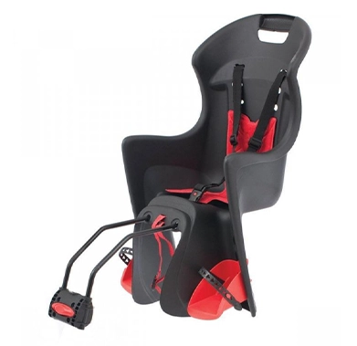 Black child bike seat with red harnesses and gray straps, isolated on a white background.