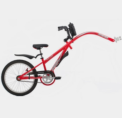 A red BMX bicycle with black wheels and seat, isolated on a white background.