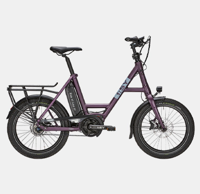 A purple electric bike with a rear cargo rack and upright handlebars, isolated on a white background.