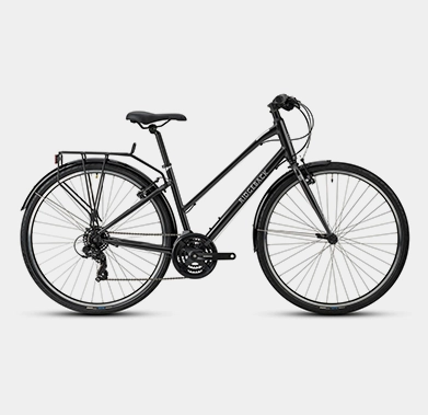 A black touring bicycle with a rear rack, side stand, and multiple gears, set against a white background.