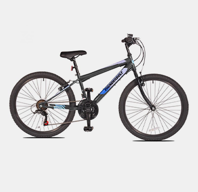 A side view of a modern mountain bike with black frame and blue detailing.