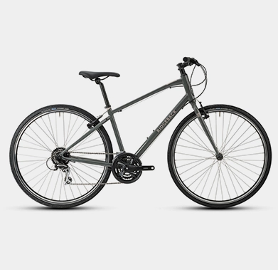 A sleek gray hybrid bicycle positioned against a white background.
