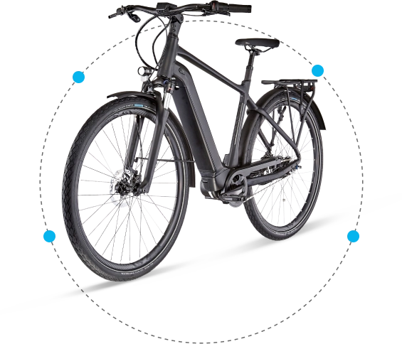A black bicycle with blue points on key parts, displayed against a dark background.
