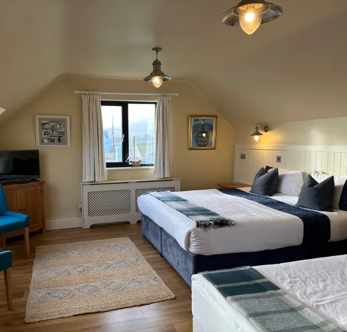 Cozy, well-lit bedroom with a large bed, seating area, window view, and two ceiling lights.
